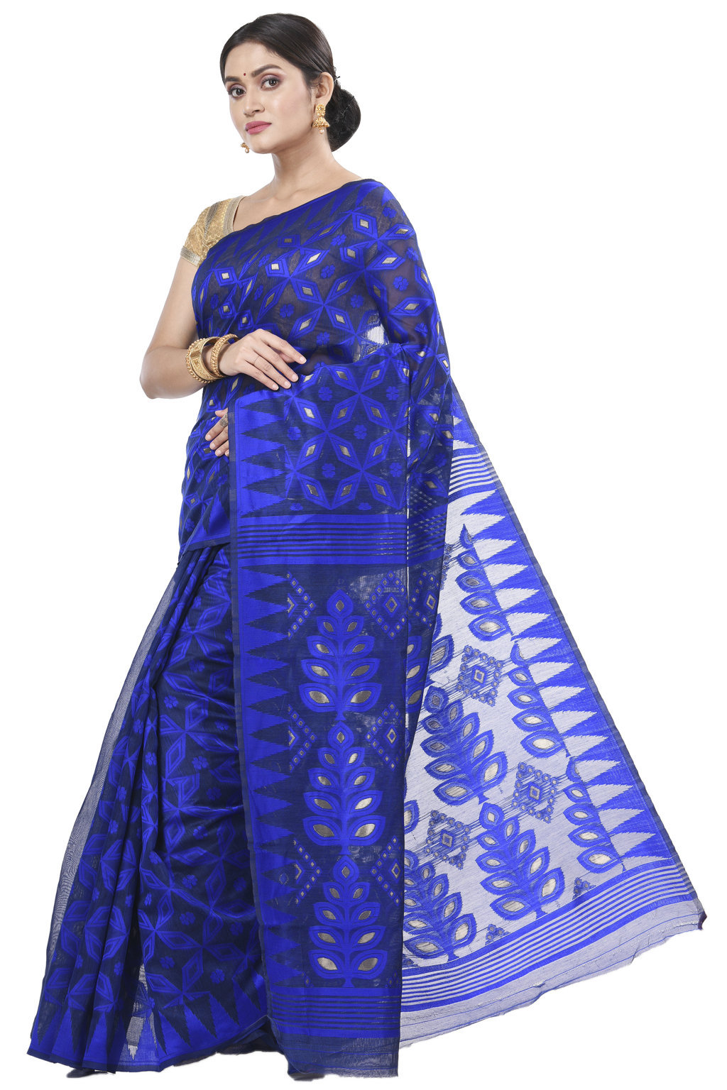 Blue Pure Cotton Minakari_Jmdni Jamdani Saree (506)